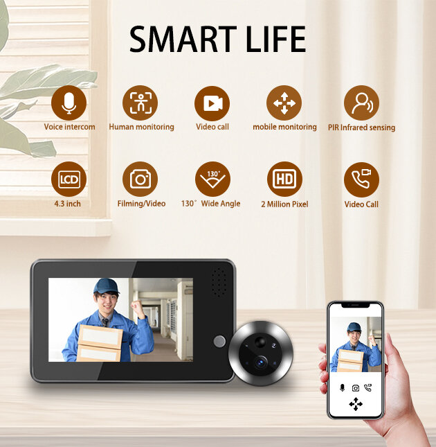 Smart Tuya WiFi kamera szpiegowska 1080P 2.4G automatyczne wykrywanie wizjer kamery 4.3 Cal wizjer cyfrowy wideodomofon w domu