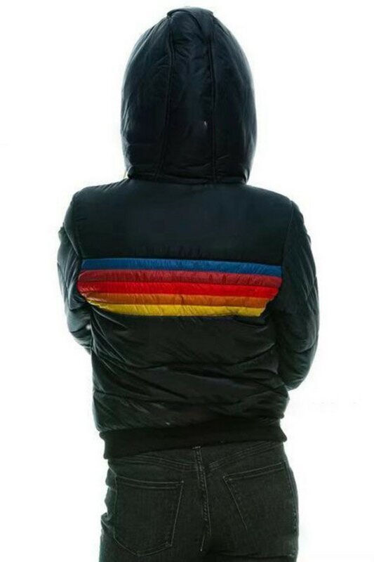 2024 Couples Fashion Rainbow Stripe Zipper Winter Jacket Man and Women's Casual Hooded Printed Short Cotton Jacket