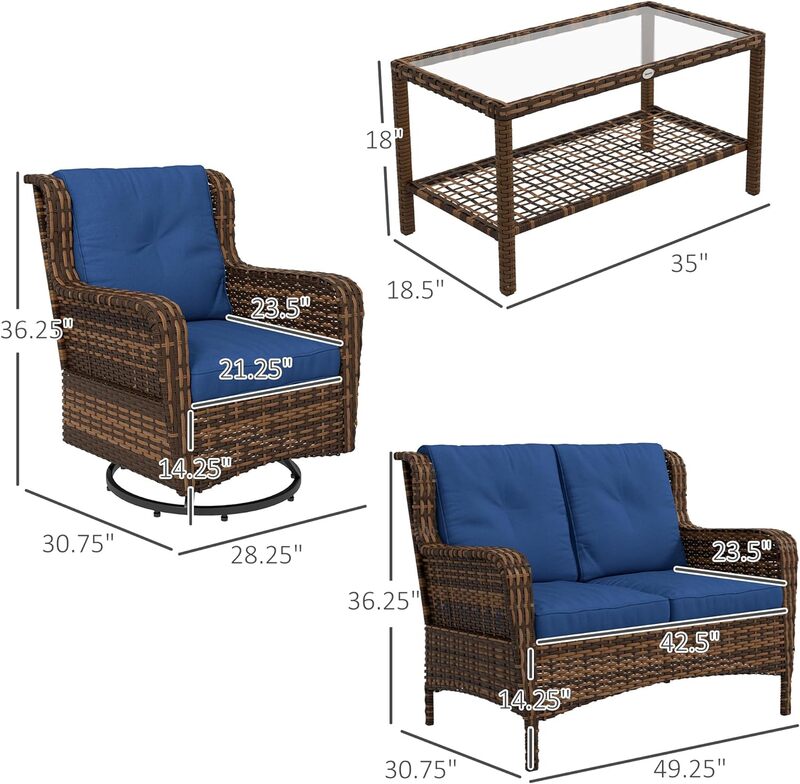 PE Rattan Outdoor Patio Móveis Set, Wicker Conversa Set com 2 cadeiras giratórias de balanço, 2-Tier Glass Table, 4 pcs