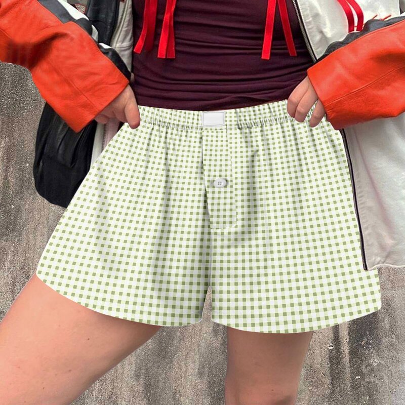 Calça curta feminina solta elástica de cintura alta, short quadriculado feminino, botão frontal, moda verão, casual, 2024