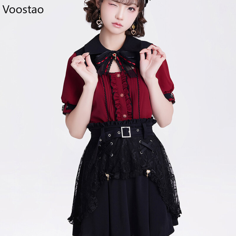 Camisa de Lolita gótica para mujer, Blusa de manga larga con cuello de murciélago ahuecado, lazo de encaje, estética japonesa Y2k, Harajuku, ropa elegante, Tops