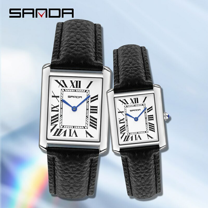 SANDA 남녀공용 방수 쿼츠 시계, 30m 방수 캐주얼 패션, 가죽 스트랩, 스퀘어 다이얼 디자인, Reloj