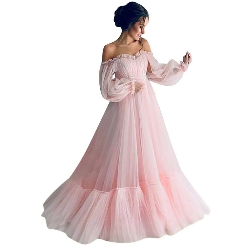 Damskie sukienki w jednolitym cukierkowym kolor z długim rękawem bez ramion z wyciętym dekoltem, długie sukienka typu Swing sukienki imprezowe z gazy