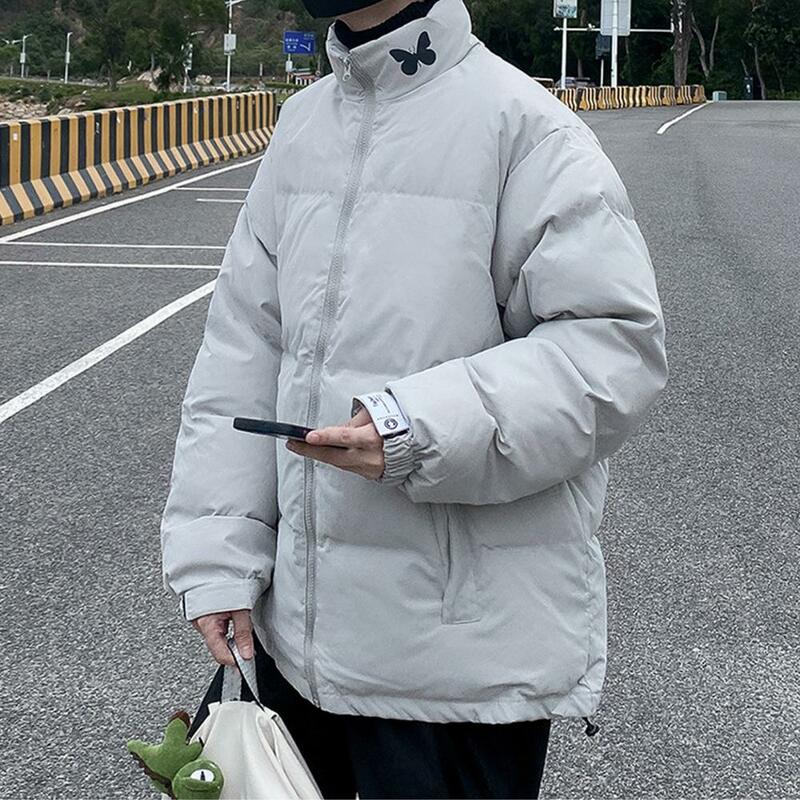 Casaco acolchoado monocromático masculino, manga comprida, jaqueta de proteção para pescoço, Parkas unissex solto, fecho de zíper engrossado, inverno