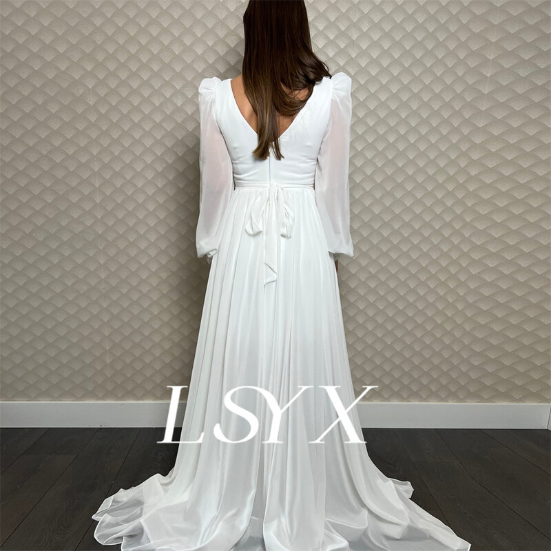 LSYX-V-Neck Longo Alargamento mangas vestido de casamento, Chiffon A-Line, apliques pregas, Zipper Voltar, Tribunal Trem vestido de noiva, Custom Made