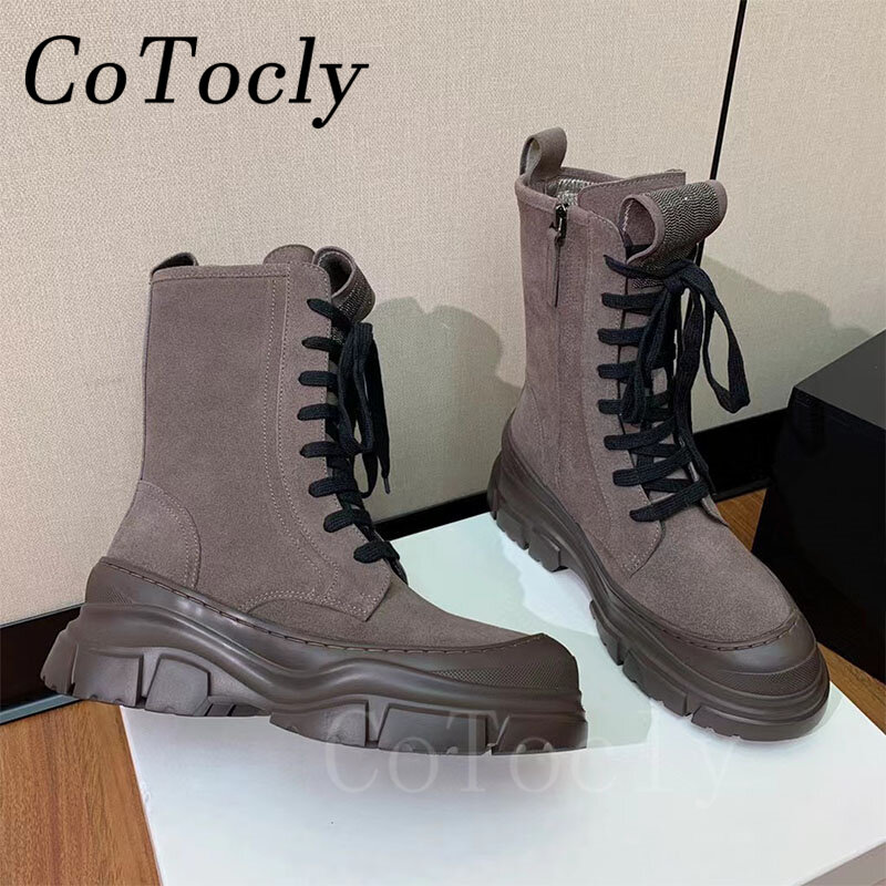 Luxury Cow Suede Motorcycle Boots Women Round Toe Lace Up Flat Platform Shoes Female Thick Sole String Bead Knight Boots Woman