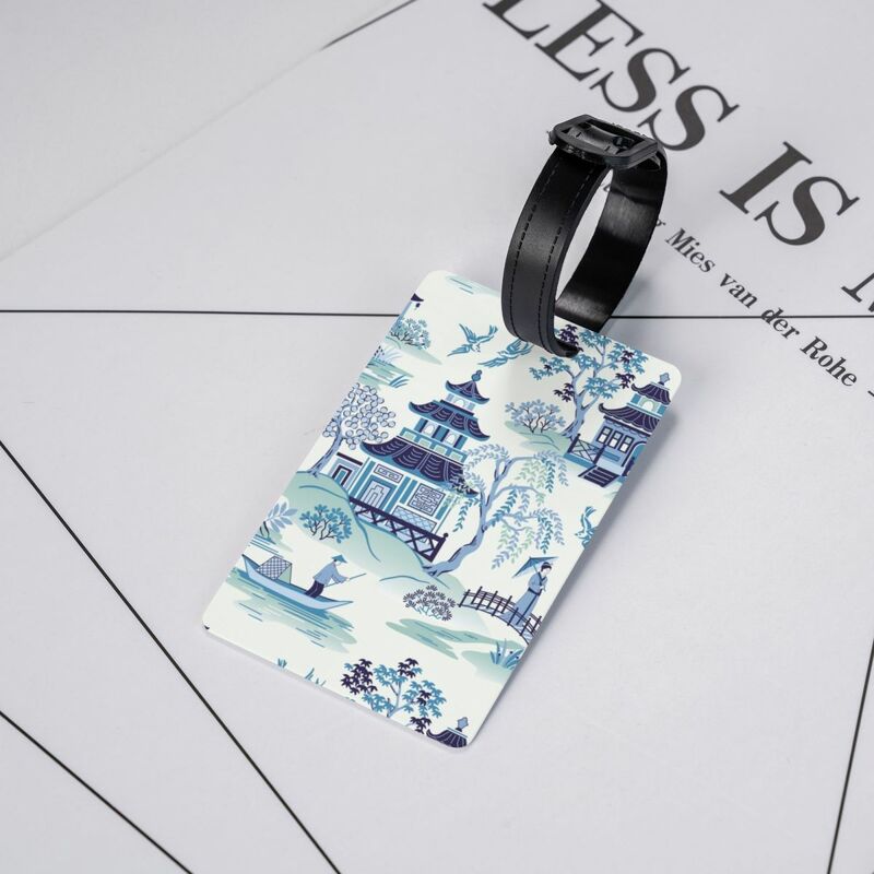 Custom Chinoiserie Pagoda Blue Antique Willow Ware Luggage Tags for Suitcase Oriental Style Baggage Tags Cover Name ID Card