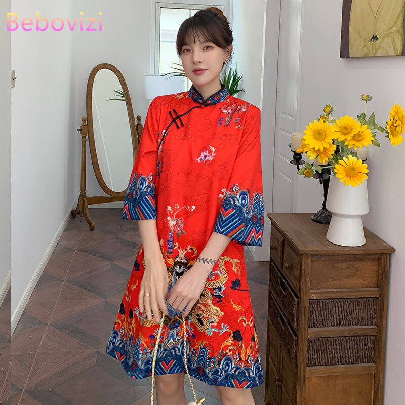 Ins Red Blue Loose 2021 New Fashion Modern Chinese Cheongsam A-line Dress Women 3/4 Sleeve Qipao Traditional Chinese Clothes