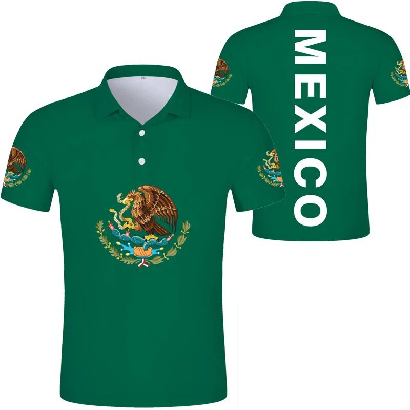 Kaus Polo motif 3D bendera Meksiko untuk pria wanita atasan modis kaus Polo kerah Lapel kancing lengan pendek kualitas tinggi