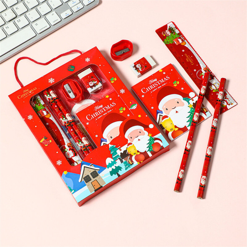 6pcs Christmas School Stationery Gifts Set Christmas Pencils Eraser Ruler Notebook Set for Pre-School Kindergarten Supplies