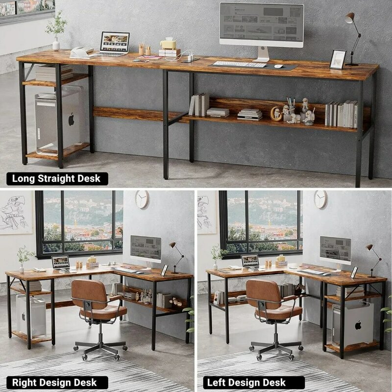 Стол компьютерный рустикальный коричневый, прочный двухсторонний угловой столик для ноутбука, с полками для хранения, мебель для комнаты