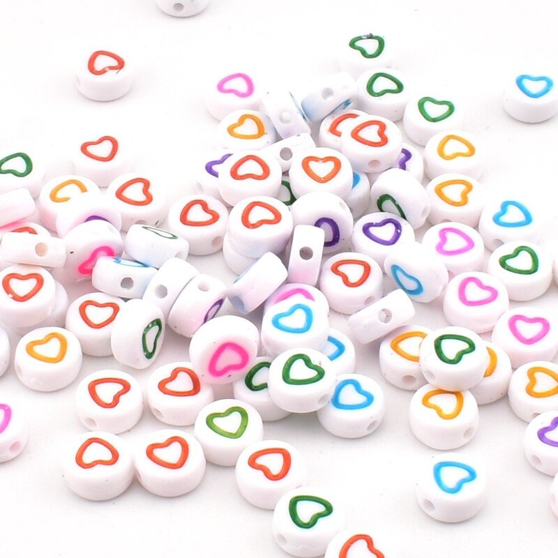 50 buah/Lot 7*4*1mm DIY manik-manik akrilik buatan tangan bulat putih latar belakang manik-manik cinta berwarna untuk membuat perhiasan