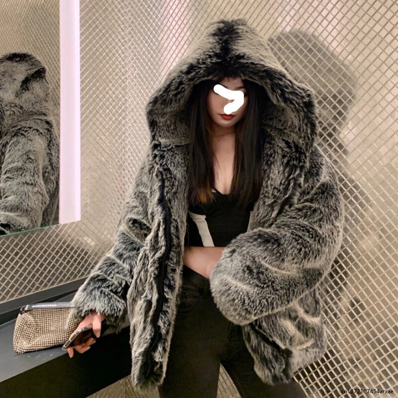 Abrigo largo de piel de zorro sintética para mujer, chaqueta con capucha, abrigo peludo, prendas de vestir exteriores gruesas y cálidas, 2023