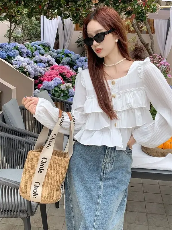 White Ruffles Shirts Women Loose Cropped Thin Summer Sunscreen Breathable Lantern Sleeve Sweet Vintage French Style Student Chic