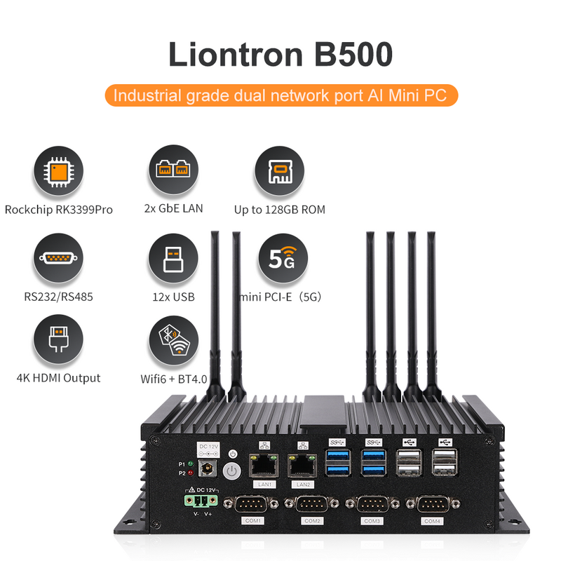 Mini PC industrial Liontron B500, Host IPC incorporado, 5G, HDMI duplo 2.0, 1,8 GHz, 4 USB 3.0, 8 USB 2.0, RS232, RS485, 8GPIO, Rockchip, RK3399Pro