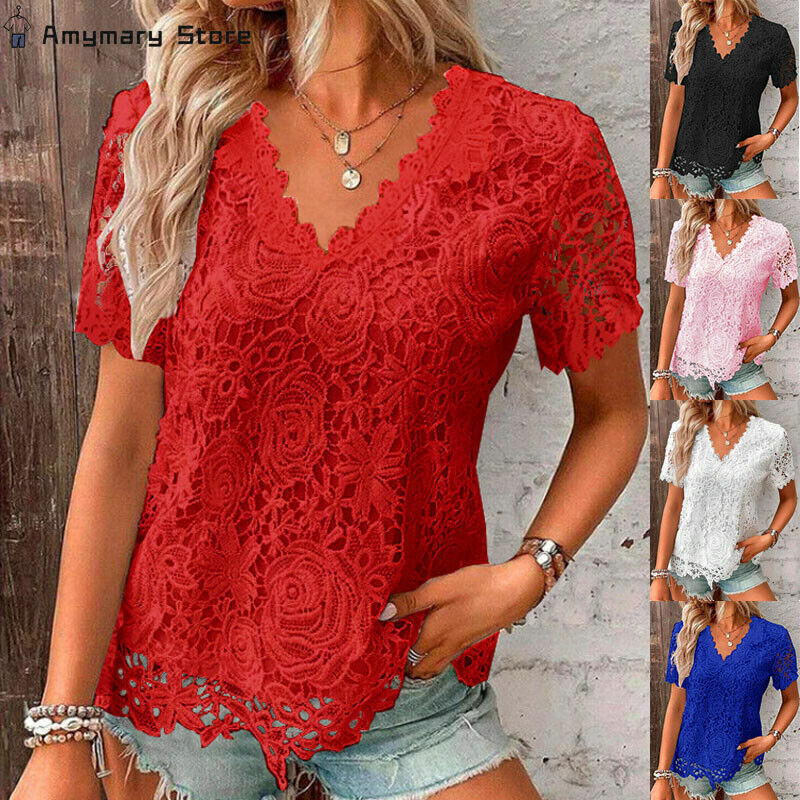 2024 New Summer Women's Elegant Lace V-neck Top Fashion Solid Color Casual Loose Short-sleeved T-shirt Holiday Casual Street Top