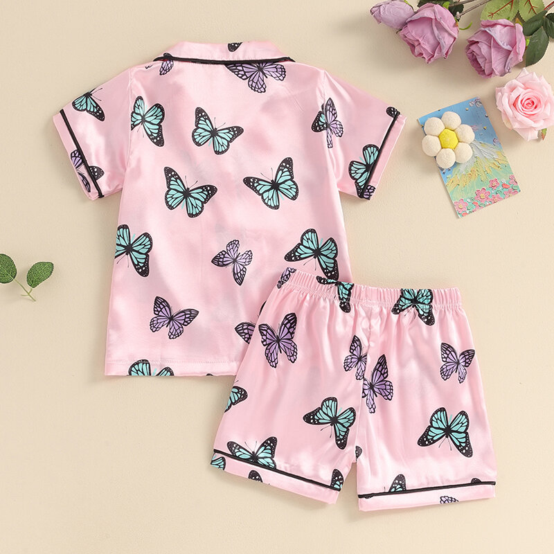 VISgogo-Conjunto de pijama para niñas pequeñas, camisa de manga corta con solapa, pantalones con estampado de mariposa, ropa de dormir informal de 2 piezas, Verano