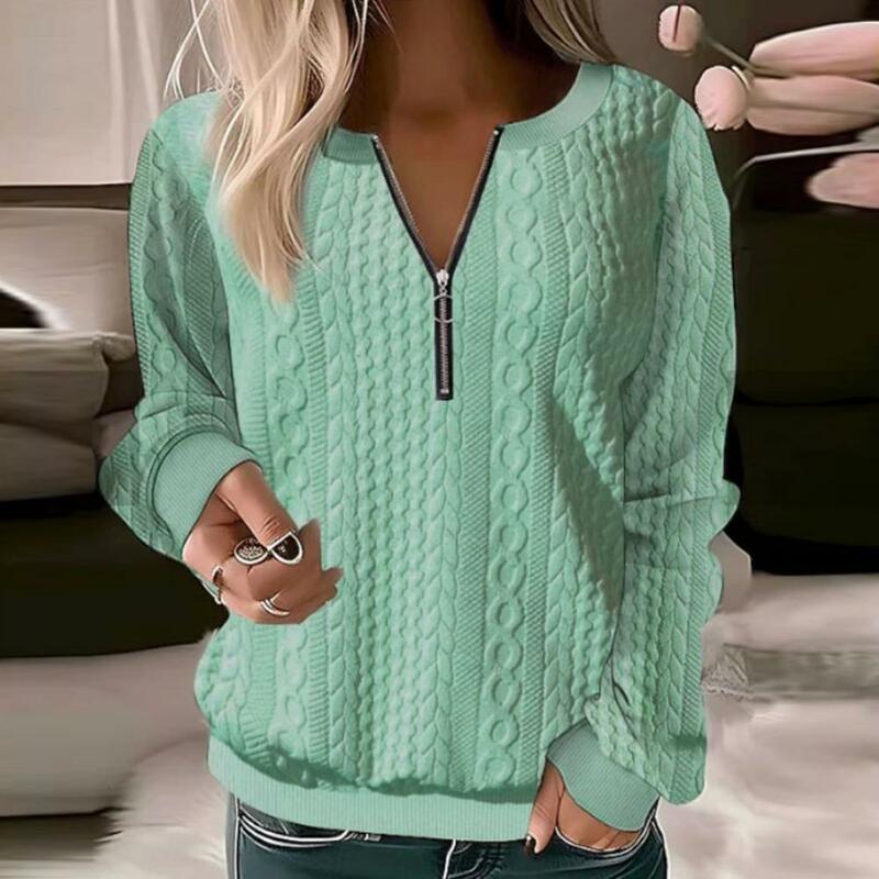 Women Soft Sweatshirt Stylish Women's Fall Spring Sweatshirt Zipper Twisted Texture Soft Solid Color Casual Mid Length