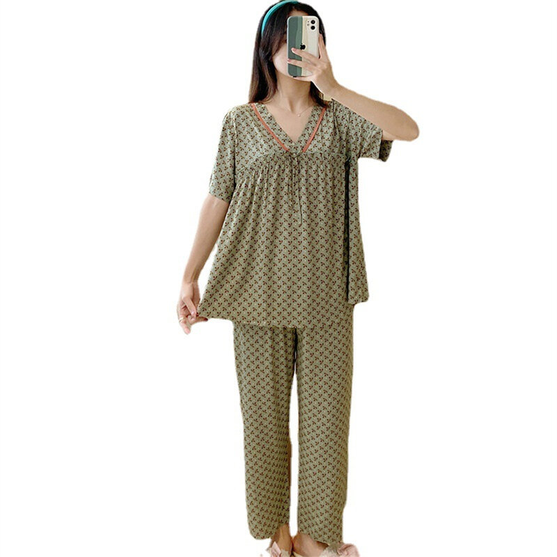 Women's Thin V Neck Short Sleeve Pants Sleepwear Suit Summer Loose Casual Pajamas Set Lady Breathable Viscose Homewear Two-Piece