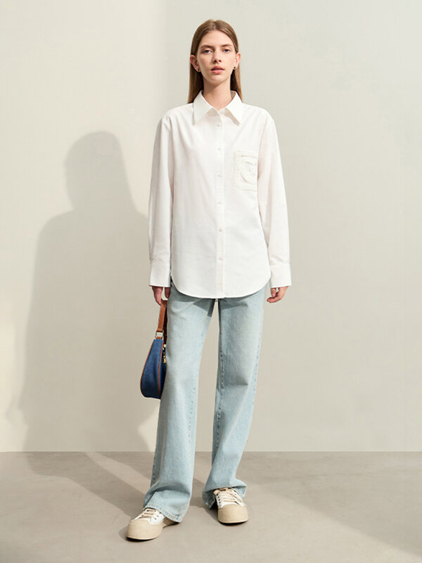 AMII minimalismo 2024 camicie per donna primavera nuova camicia in cotone a maniche lunghe con colletto rovesciato dritto di media lunghezza 12441042