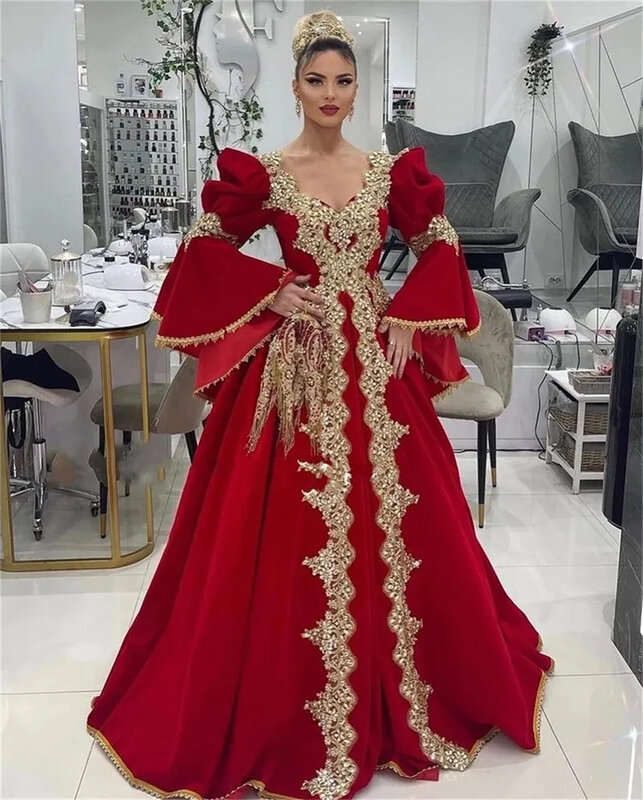Gaun malam mewah merah Arab baju Prom putri duyung renda kristal Applique Kaftan gaun pesta jubah De Soiree