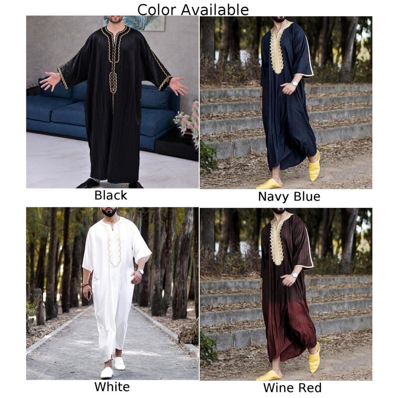 Muslimische Männer Jubba Thobe Langarm islamische Kleidung Stickerei V-Ausschnitt Kimono Robe Abaya Kaftan Dubai arabische Hemden