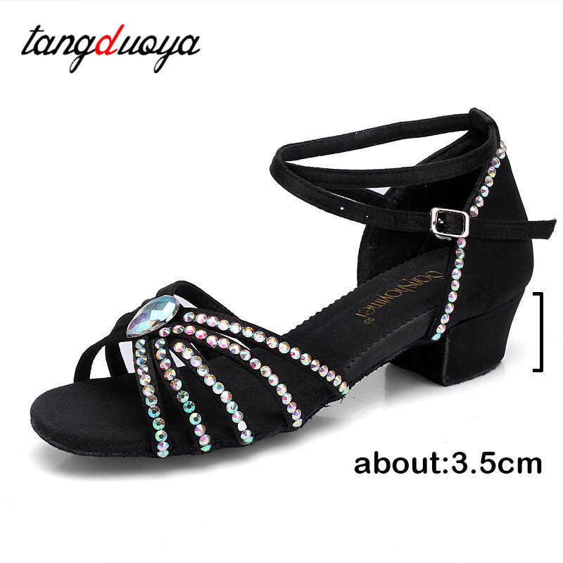 Zapatos de baile para niña y mujer, calzado de tacón bajo con diamantes de imitación, fondo suave, para baile latino, Salsa, 3,5 cm