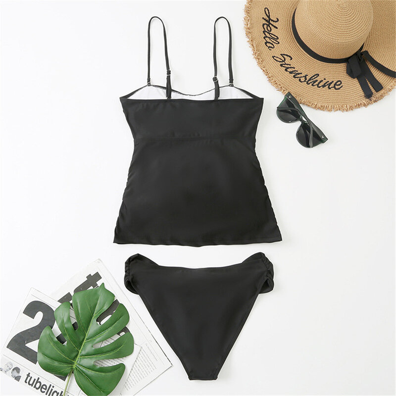 Black Bikini Tank Top Pleated Swimsuit Pluls Size Swimwear Two Piece Tankini Women Bikinis Sets Beach Thong Bathing Suit Biquini