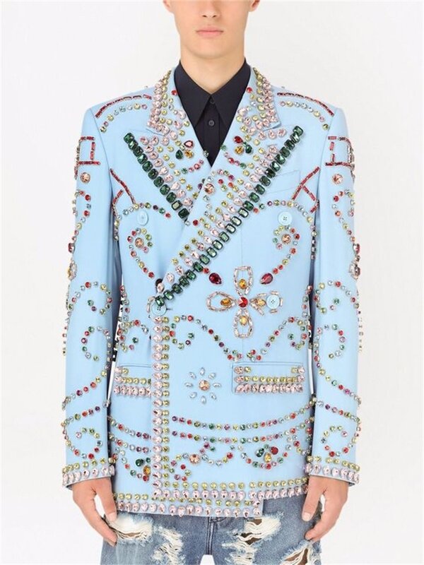 Light Blue Crystal Men Suits Pants 1 Piece Blazer Luxury Groom Wedding Tuxedo Double Breasted Coat Prom Dress Custom Made Jacket