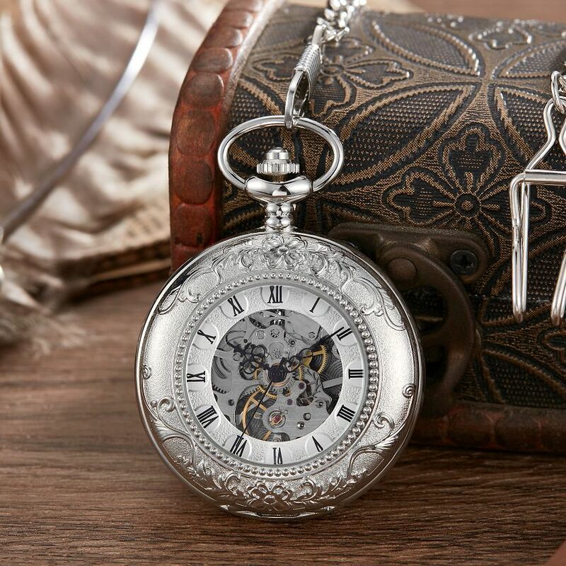 Reloj de bolsillo mecánico para hombre y mujer, pulsera de mano con 2 lados abiertos, tallado, con números romanos