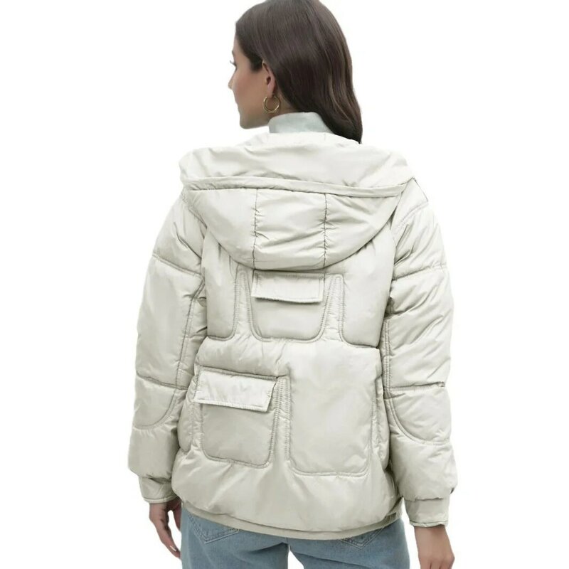Jesienno-zimowe 2023 białe damskie za duże kurtka pikowana z długim rękawem kurtka puchowa z kapturem zimowe zapinane na zamek pikowany płaszcz z kieszenią