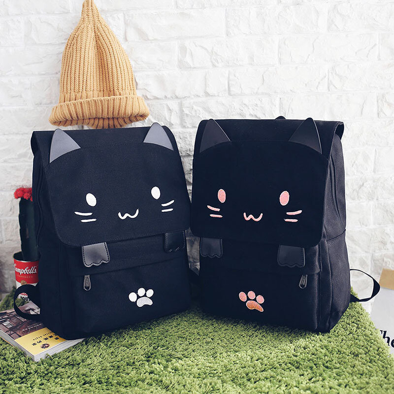 Grande Capacidade Cute Canvas Mochilas para Adolescentes Meninas e Meninos, Bordado Cat Eye Paw Design, Black Travel Bookbags