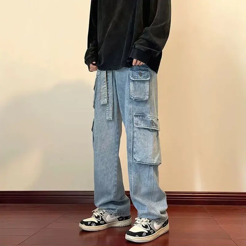 Джинсы мужские свободные с несколькими карманами, вареные брюки-багги в стиле ретро, штаны-карго в стиле Хай-стрит, одежда в американском стиле, Y2k