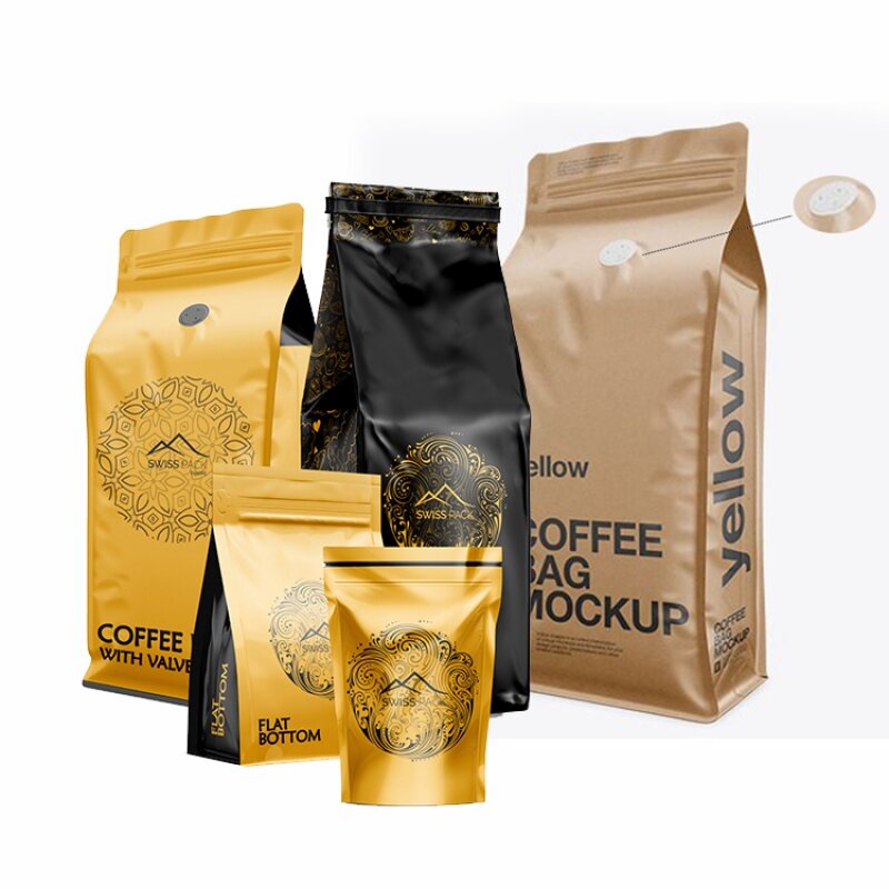 Customized product、125G 500G 1Kg 250G  Custom Eight Side Sealing Flat Bottom Coffee Bean Aluminum Foil Coffee Packaging Bags Wit