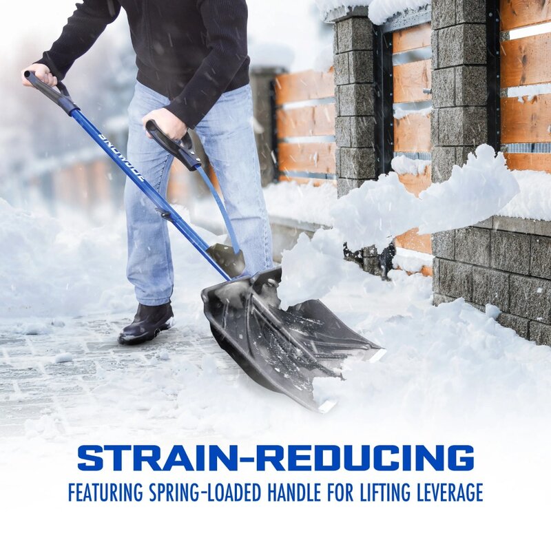 Shovelution Strain-Reducing Snow Shovel, 18-inch Poly Blade, Spring Assisted Handle