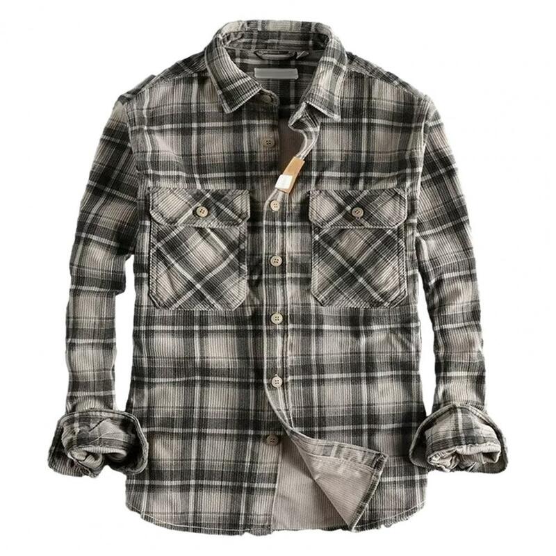 남성용 체크 무늬 셔츠, 턴다운 칼라 가디건 코트, 싱글 브레스트 클로저, 중간 길이 포멀 셔츠, 가을