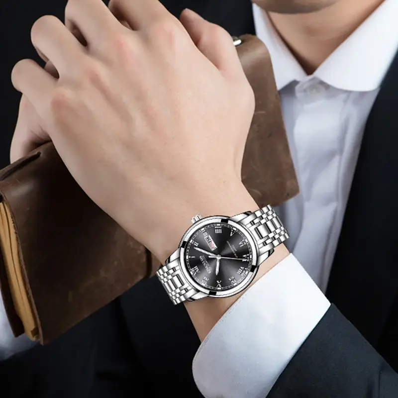 Dropshipping New Mens Watches Luminous Waterproof Gold Stainless Steel Quartz Watch Men Date Calendar Business Wristwatch XFCS