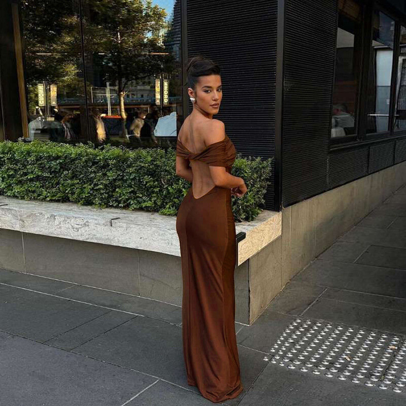 Brown Women's Prom Dress Full Sleeves Sexy Off Shoulder Backless Summer Long Maxi Party Gown Holiday Streetwear Skirt Robes