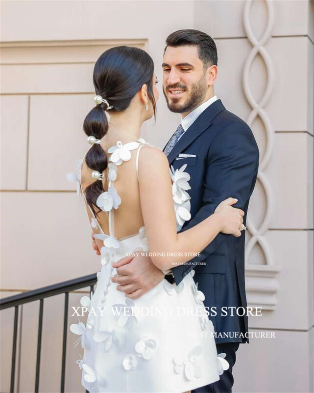 XPAY Halter O Neck Short Mini Wedding Dresses 3D Lace Appliques Sleeveless Bridal Gown Backless Draped Custom Made Bride Dress