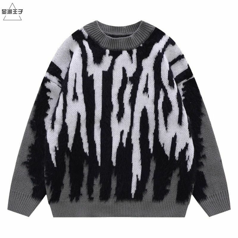 Hip-hop trendy brand goes out on the street, contrasting jacquard imitation mink sweater for men, niche retro couple sweater