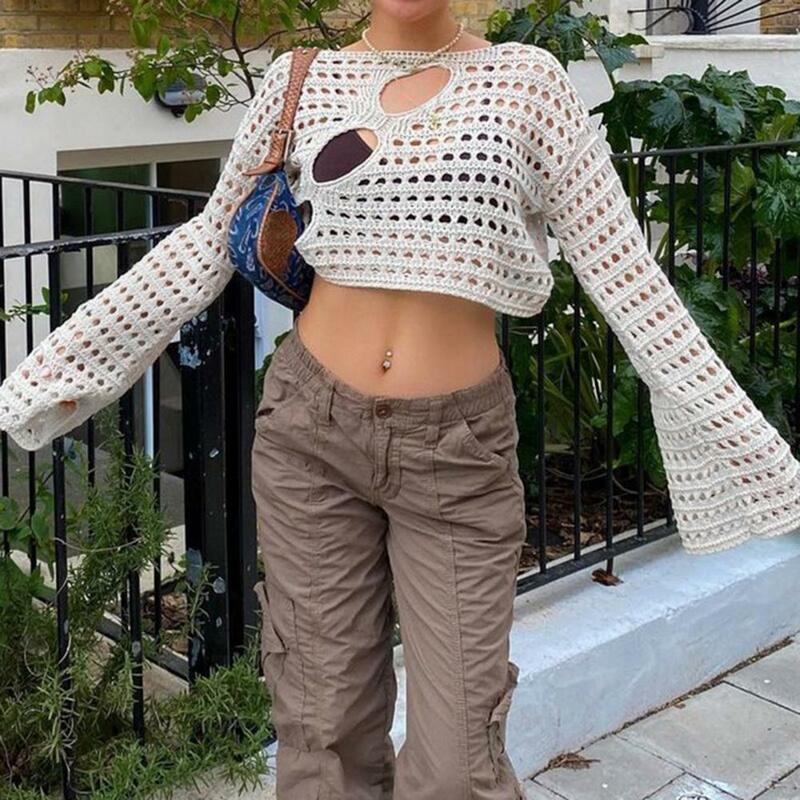 Blus Wanita rajutan atasan baju kerja crop berongga atasan Vintage longgar tertekan Crochet pullover seksi atasan crop Sweater