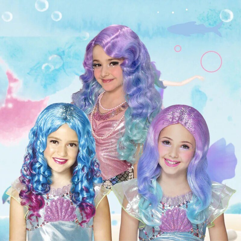 Bambini Multi colore blu viola sirena Cosplay capelli lunghi per vestire Hallowwen Costume rosa ragazze parrucca sirena
