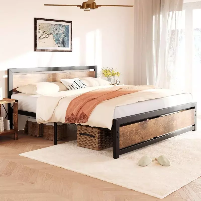 IDEALHOUSE King Size Bed Frame Platform, Industrial King Bedframe with Wooden Headboard and Footboard No Box Spring Needed, 14 i
