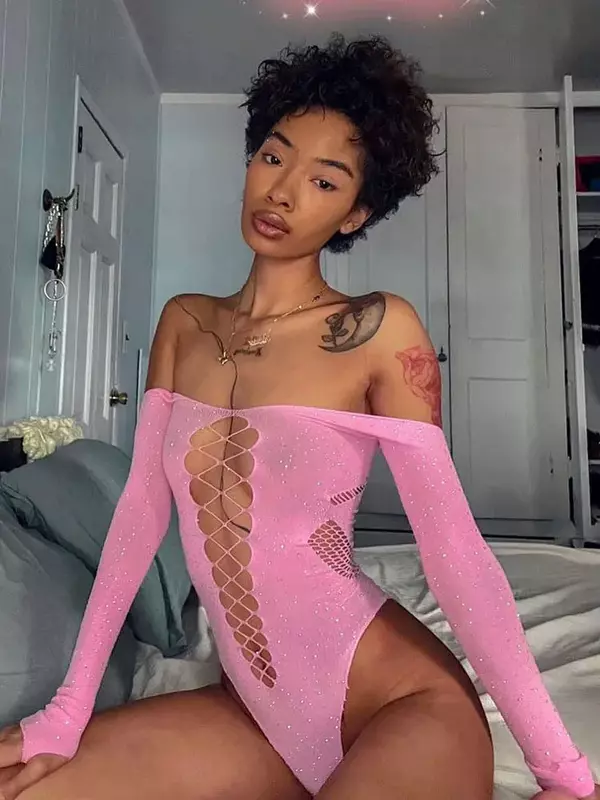 Tossy Pink Lace Bodysuit Tops For Women Off-Shoulder Hollow Out Mesh Sheer Body Top Female Hot Backless Nightclub Lingerie Top