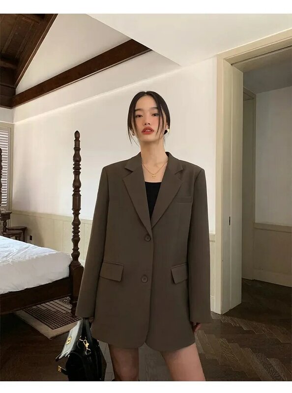Jaqueta preta de manga comprida feminina, blazer feminino, casaco solto, parte traseira, escritório, moda coreana, outono, inverno