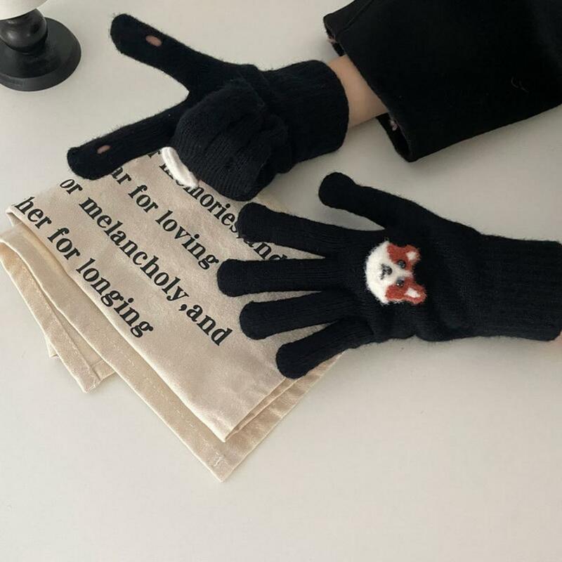 Rękawice do przechowywania ciepła damskie zimowe rękawiczki z kreskówkowym haft ze wzorem zwierzęcia gruba dzianina ciepłe miękkie elastyczne pięć palców wiatroszczelne