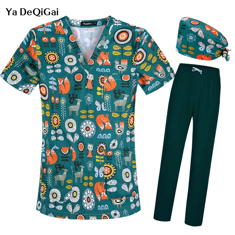 Stroje medyczne damska bluzka z 3 kieszeniami w szpic i dekoltem z nadrukiem kliniczna odzież robocza luźna koszulka sklep zoologiczny ubrania robocze