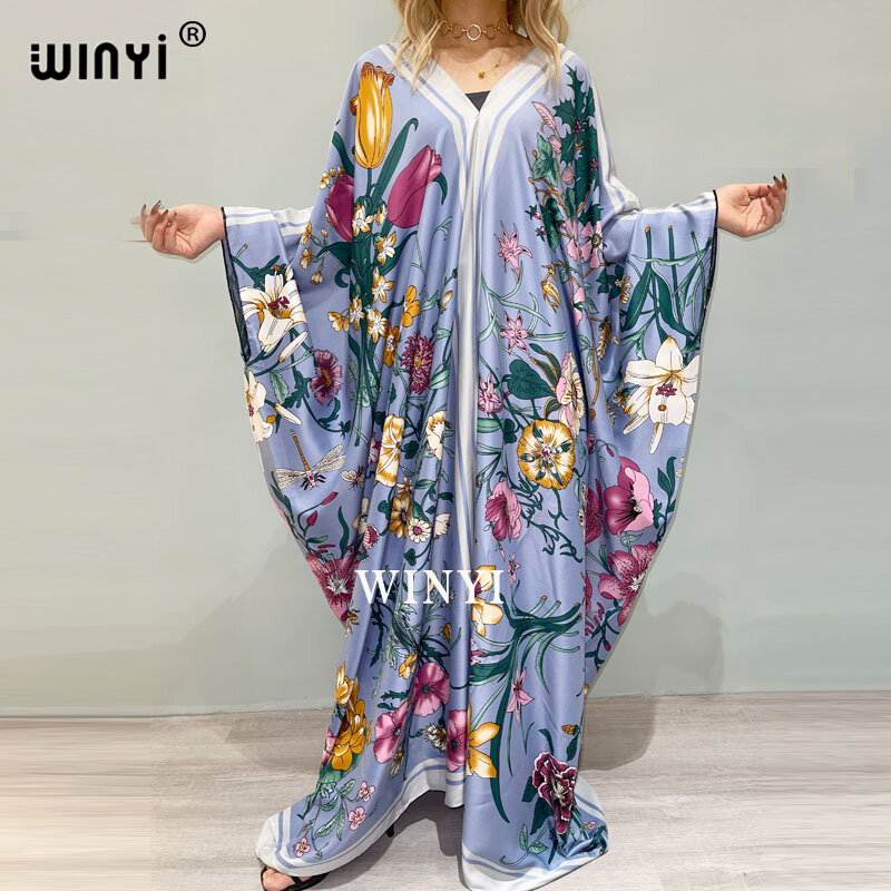 Традиционное платье-макси из искусственного шелка с принтом WINYI, Дашики, африканская Женская абайя, длинные платья для пляжа, богемное платье с V-образным вырезом