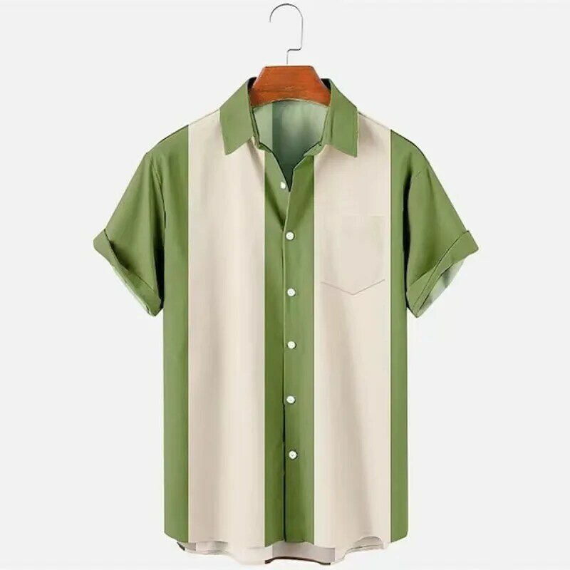 New 50s Style Bowling Shirt for Men Striped Casual Breathable Short Sleeve Shirts Summer Streetwear
