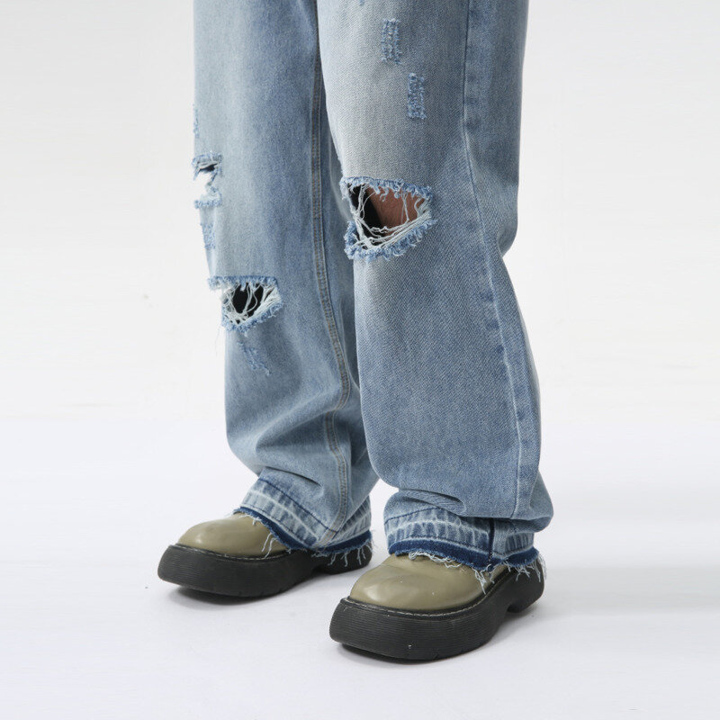 NOYMEI Hole Design męskie wszystkie mecze w stylu amerykańskim modne spodnie dżinsowe główna ulica modne męskie proste szerokie nogawki Jean WA4488